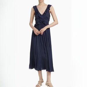 CINQ à SEPT Calloway Chiffon Ruffled Midi-Dress In Navy Blue Size 8 Wedding